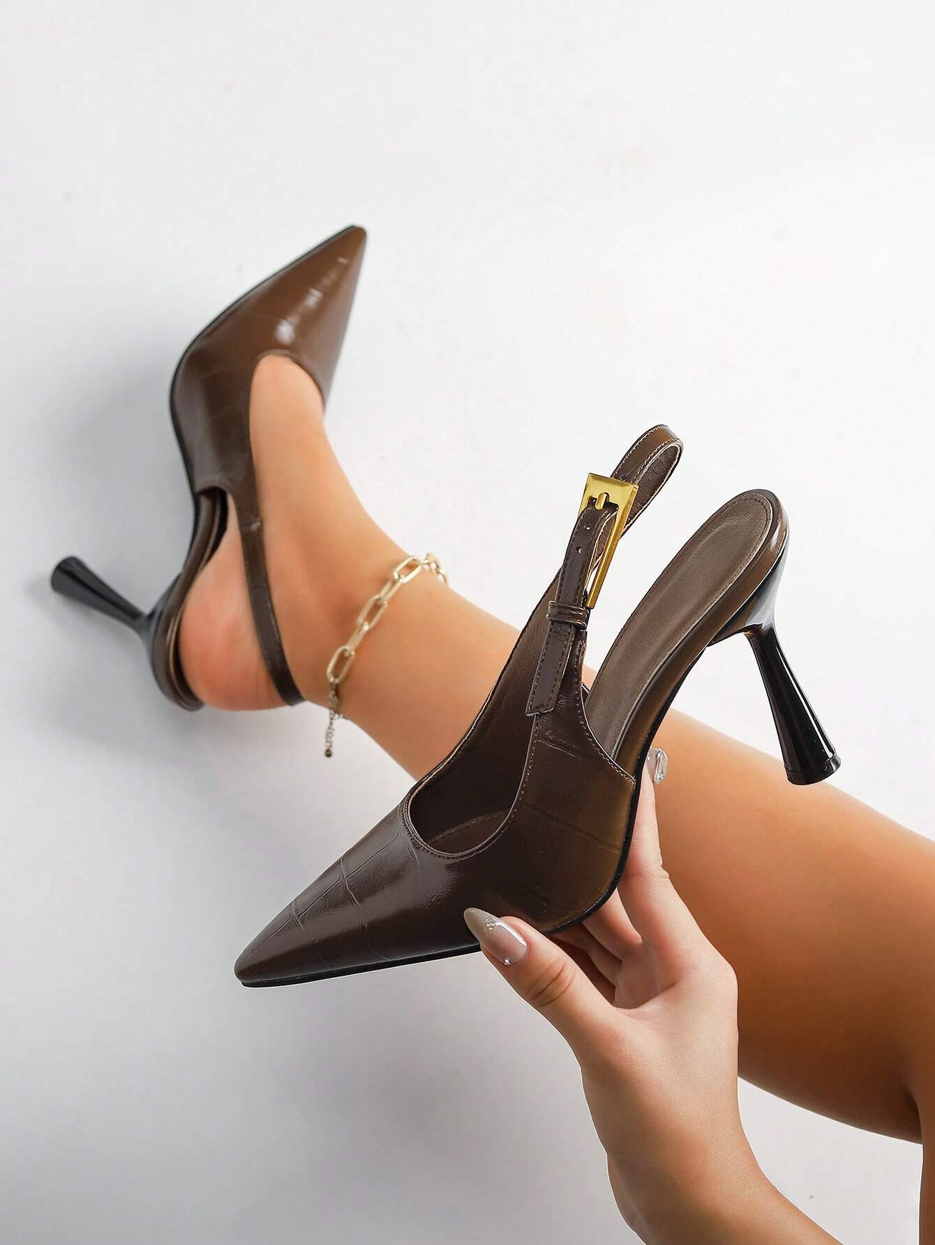 Women's Pointed Toe Fashion Button Detail Patent Leather Slip-On Heeled Pumps shein