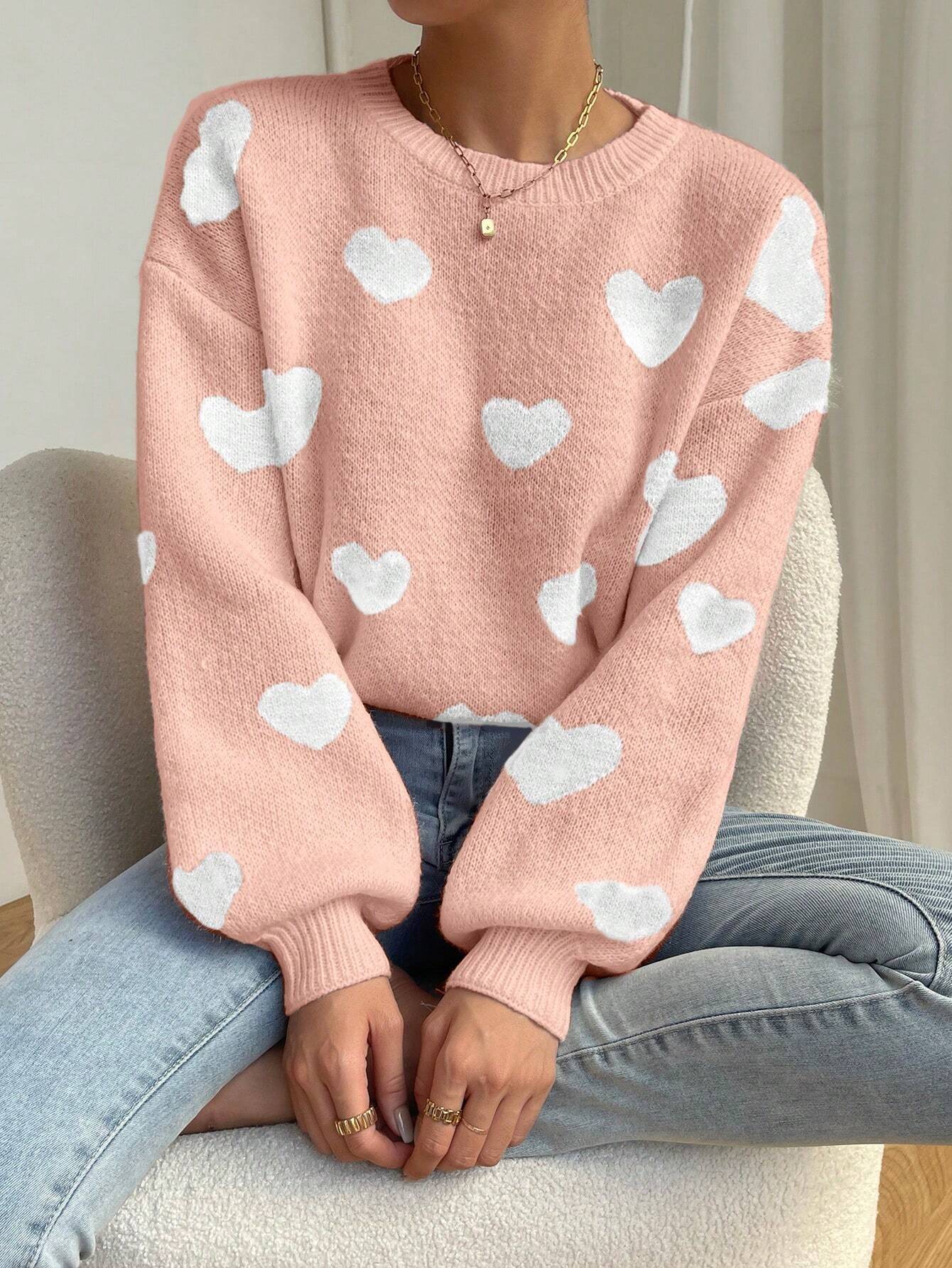 Relaxiva Women Casual Heart Pattern Dropped Shoulder Loose Knit Sweater