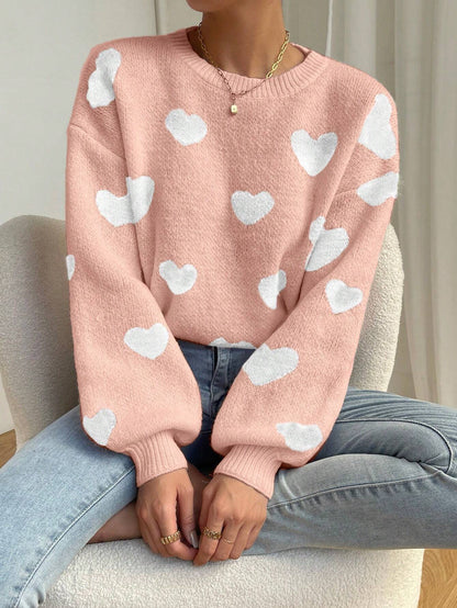 Relaxiva Women Casual Heart Pattern Dropped Shoulder Loose Knit Sweater