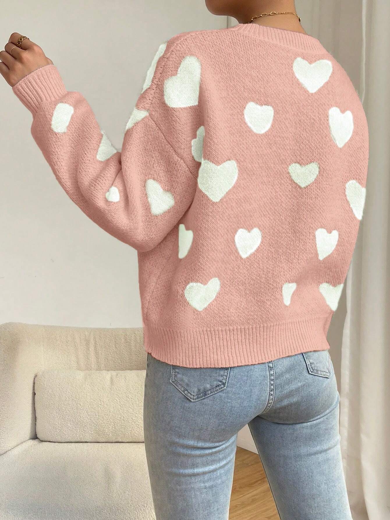 Relaxiva Women Casual Heart Pattern Dropped Shoulder Loose Knit Sweater shein