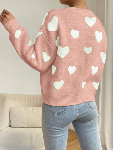 Relaxiva Women Casual Heart Pattern Dropped Shoulder Loose Knit Sweater