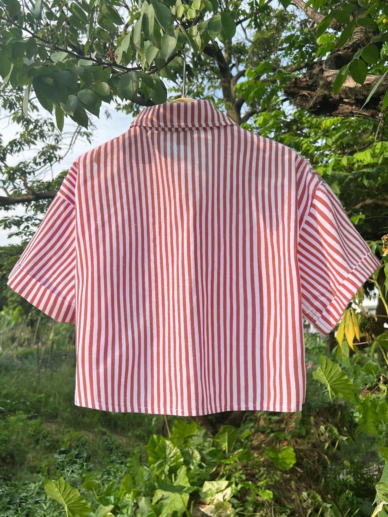 MOOSTA Striped Cropped Relaxed Casual Women Oversized Cuffed Sleeve Blouse shein