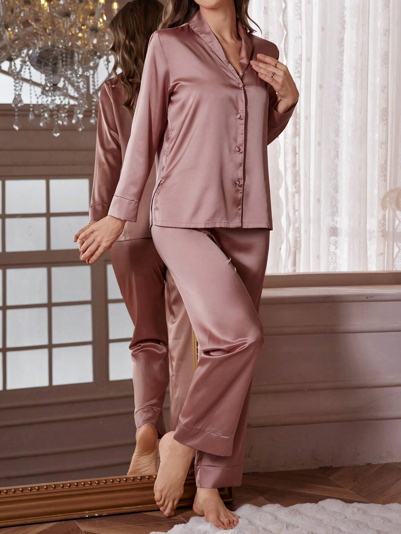 Shawl Collar Solid Satin PJ Set / Pajama Set shein