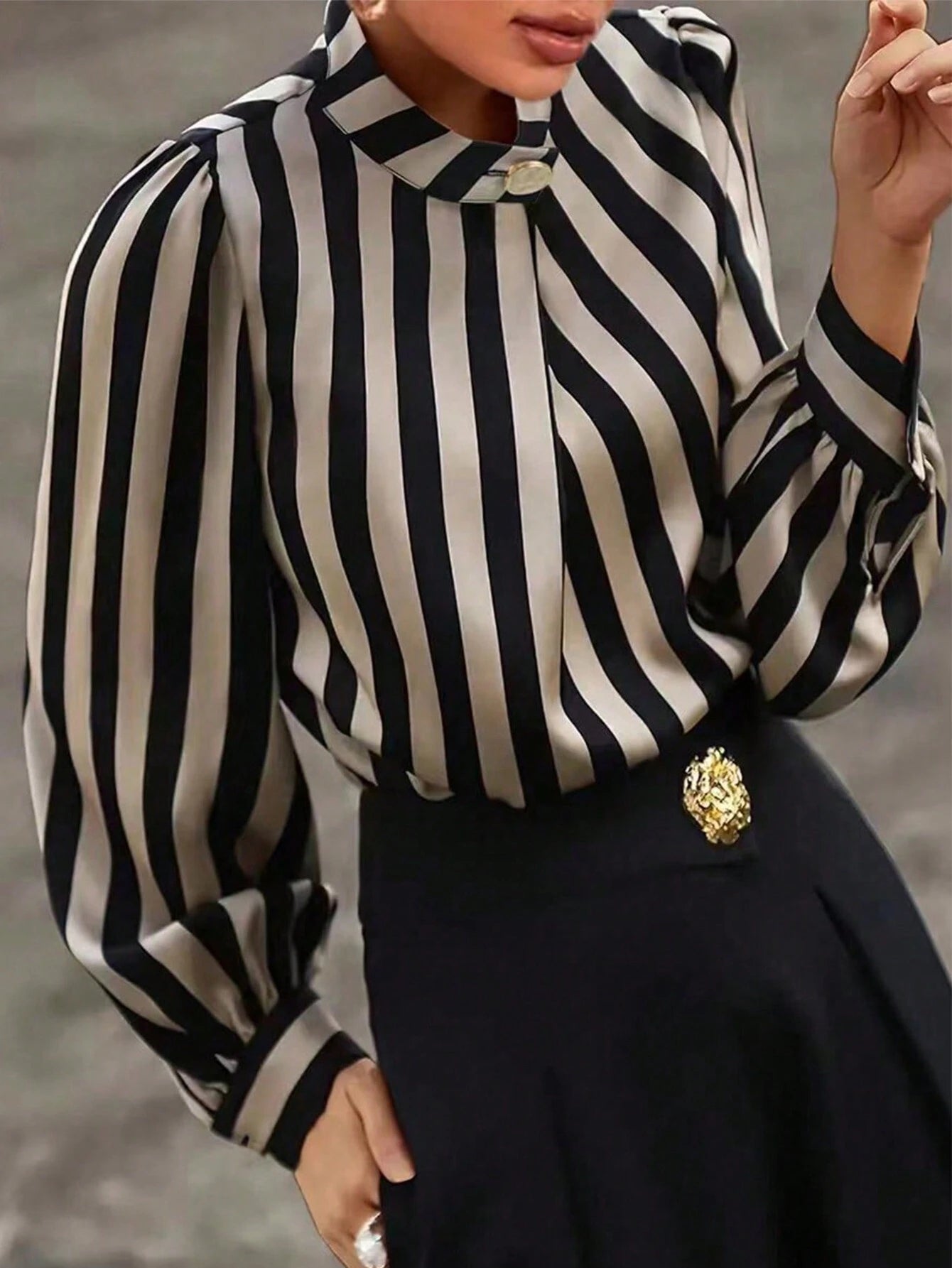 Striped Print Mock Neck Blouse shein
