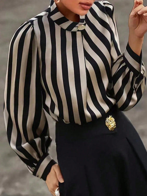 Striped Print Mock Neck Blouse shein