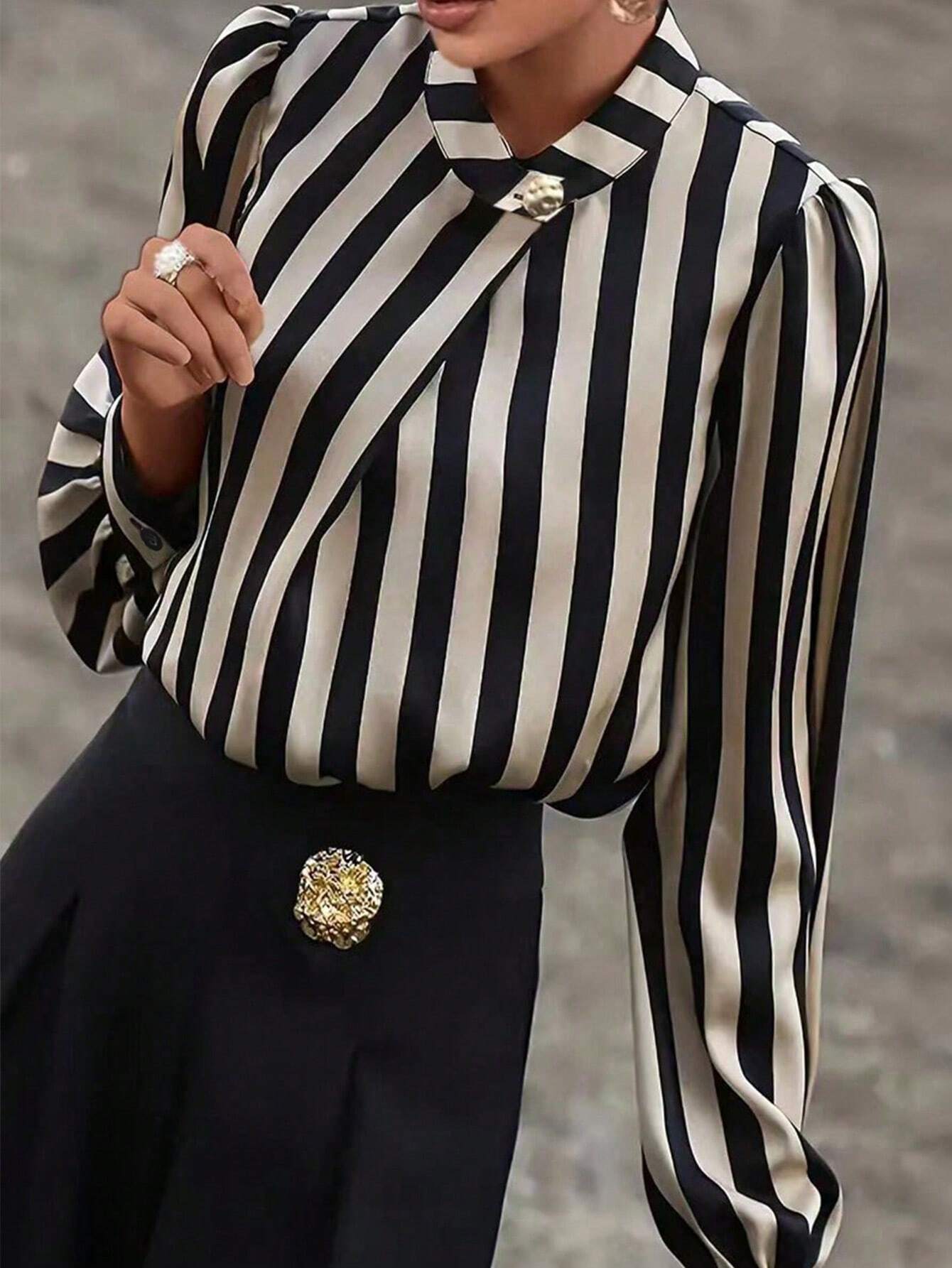 Striped Print Mock Neck Blouse shein