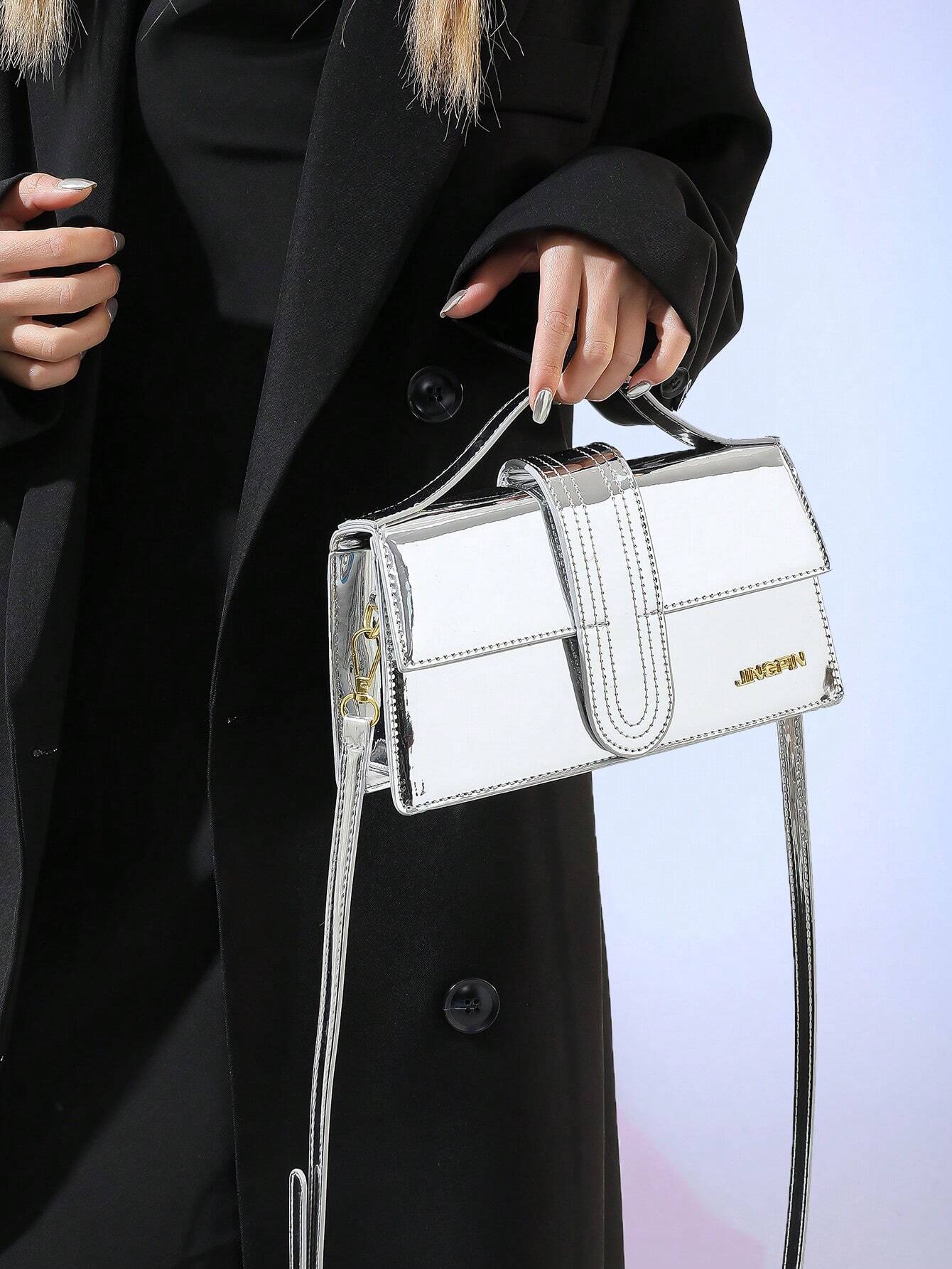 1pc Black PU Leather Crocodile Pattern Motorcycle Style Shoulder Bag Handbag