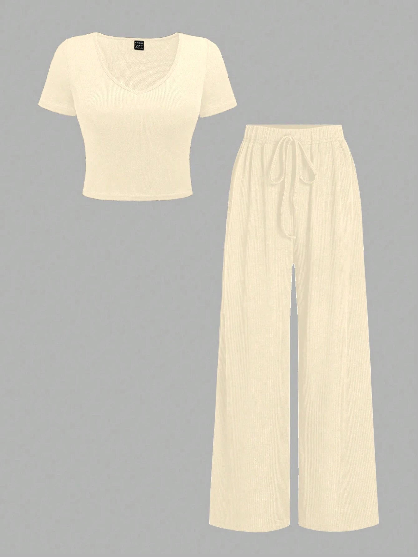 Essnce Summer Plain V-Neck T-Shirt And Wide-Leg Pants Two-Piece Set shein