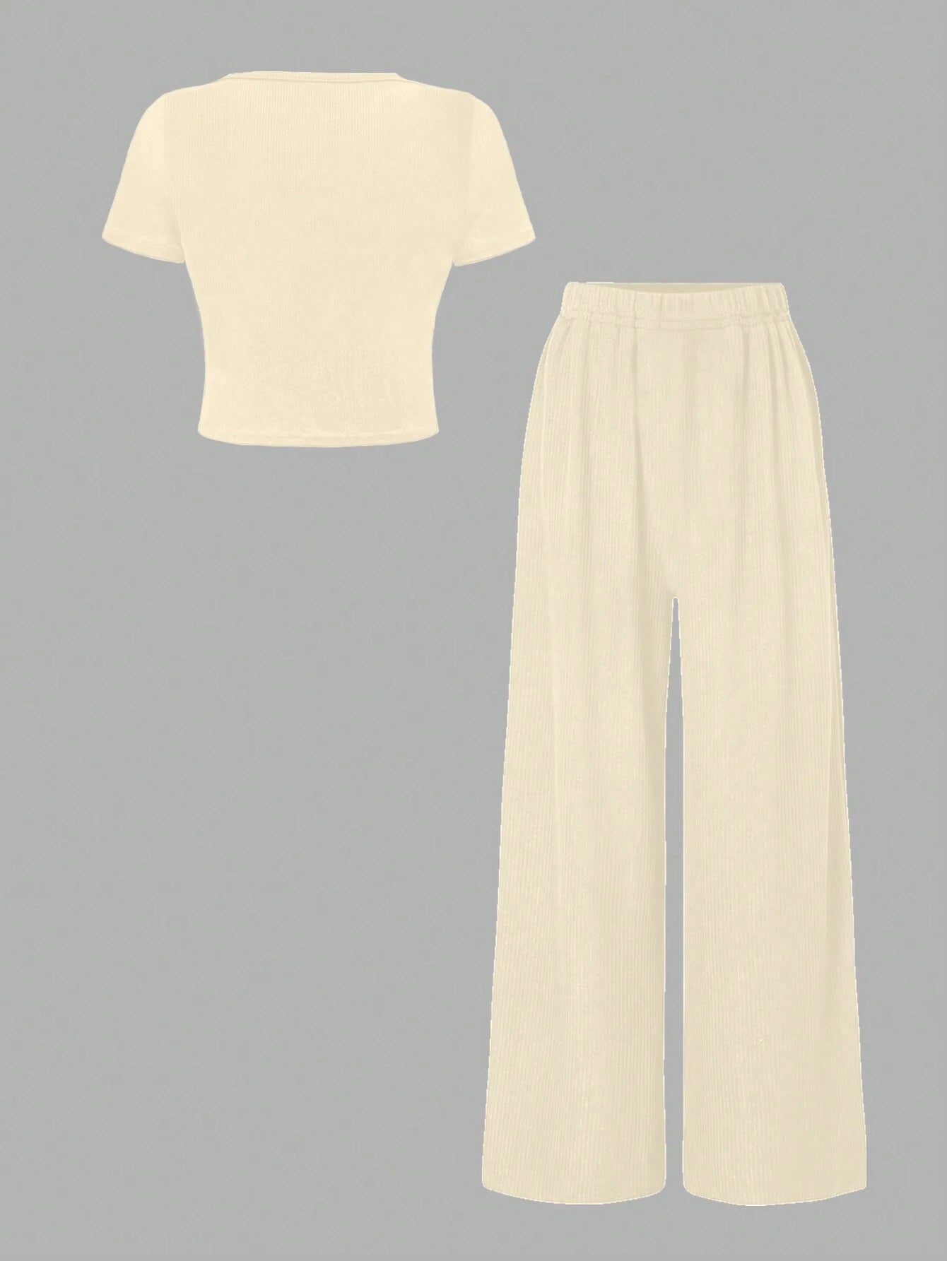 Essnce Summer Plain V-Neck T-Shirt And Wide-Leg Pants Two-Piece Set shein