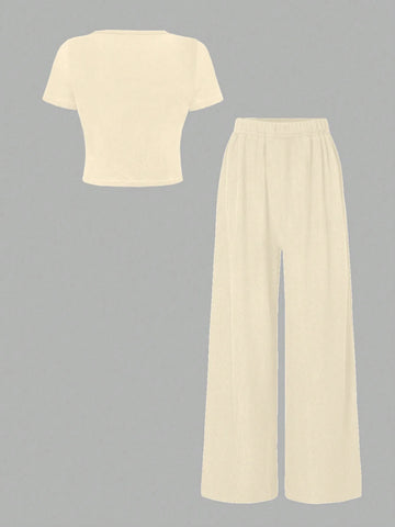 Essnce Summer Plain V-Neck T-Shirt And Wide-Leg Pants Two-Piece Set