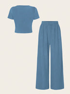 Essnce Summer Plain V-Neck T-Shirt And Wide-Leg Pants Two-Piece Set shein