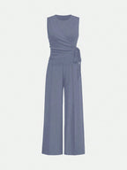 Unity Ladies' Solid Color Cross Wrap Tie Sleeveless Top And Long Pants Casual Two-Piece Set shein