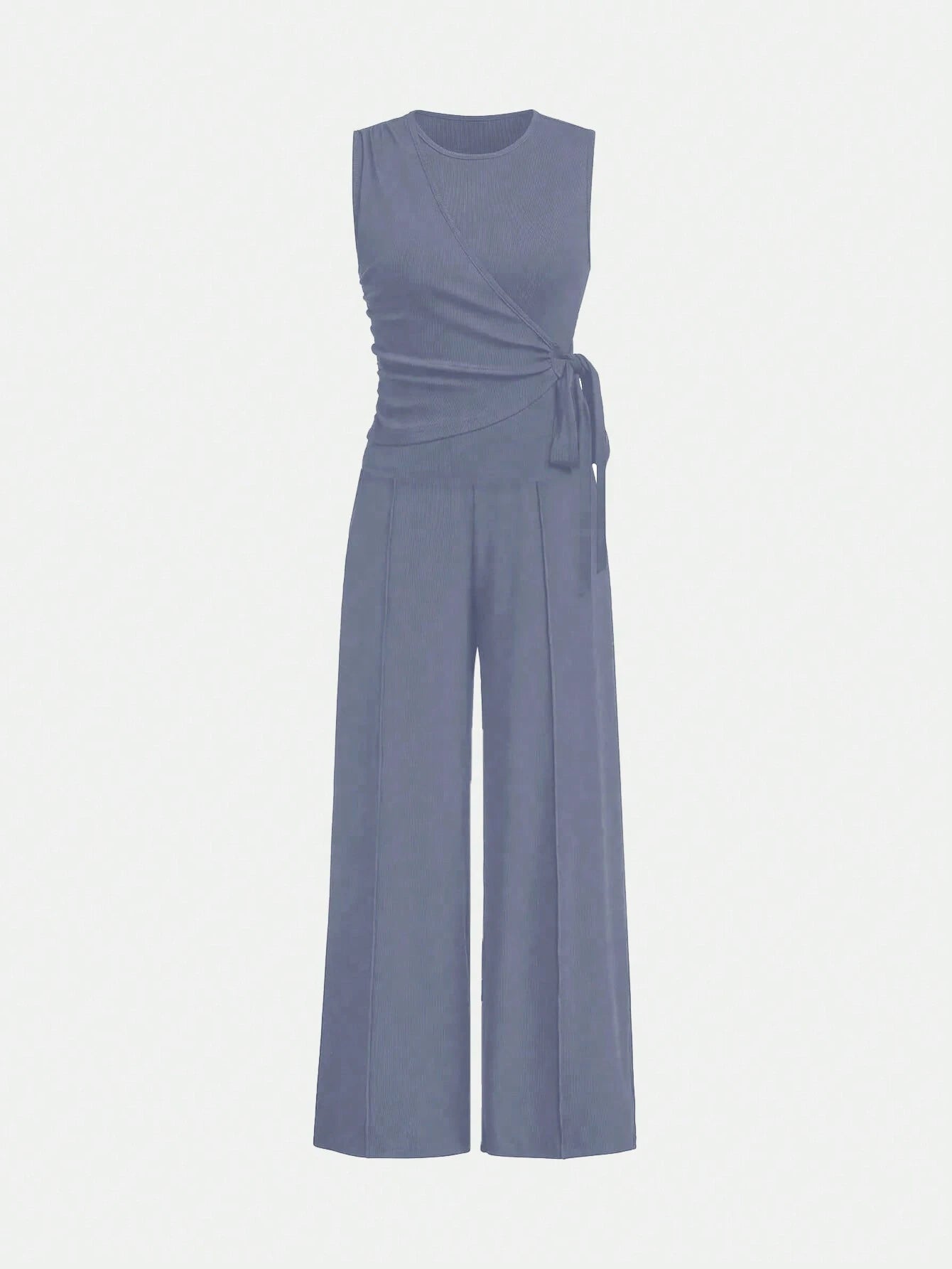 Unity Ladies' Solid Color Cross Wrap Tie Sleeveless Top And Long Pants Casual Two-Piece Set shein