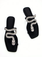 Women's Glamorous 3D Snake Crystal Chain Toe Slip-On Flat Mule Sandals shein