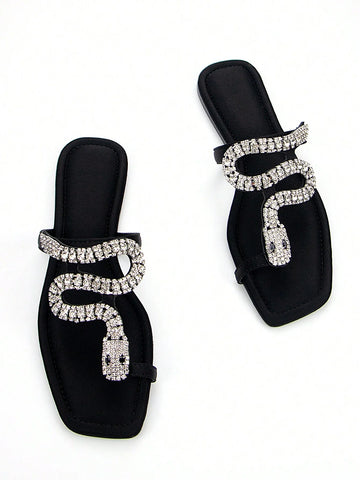 Women's Glamorous 3D Snake Crystal Chain Toe Slip-On Flat Mule Sandals