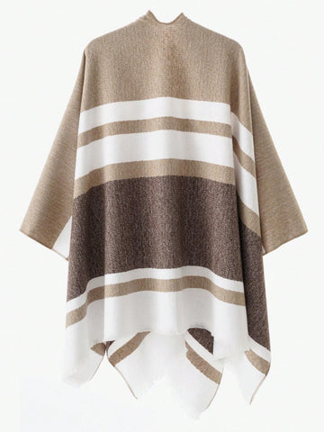 1pc Women Shawl Classic Striped Colorblock Pattern Windproof Buckle Shawl Coat