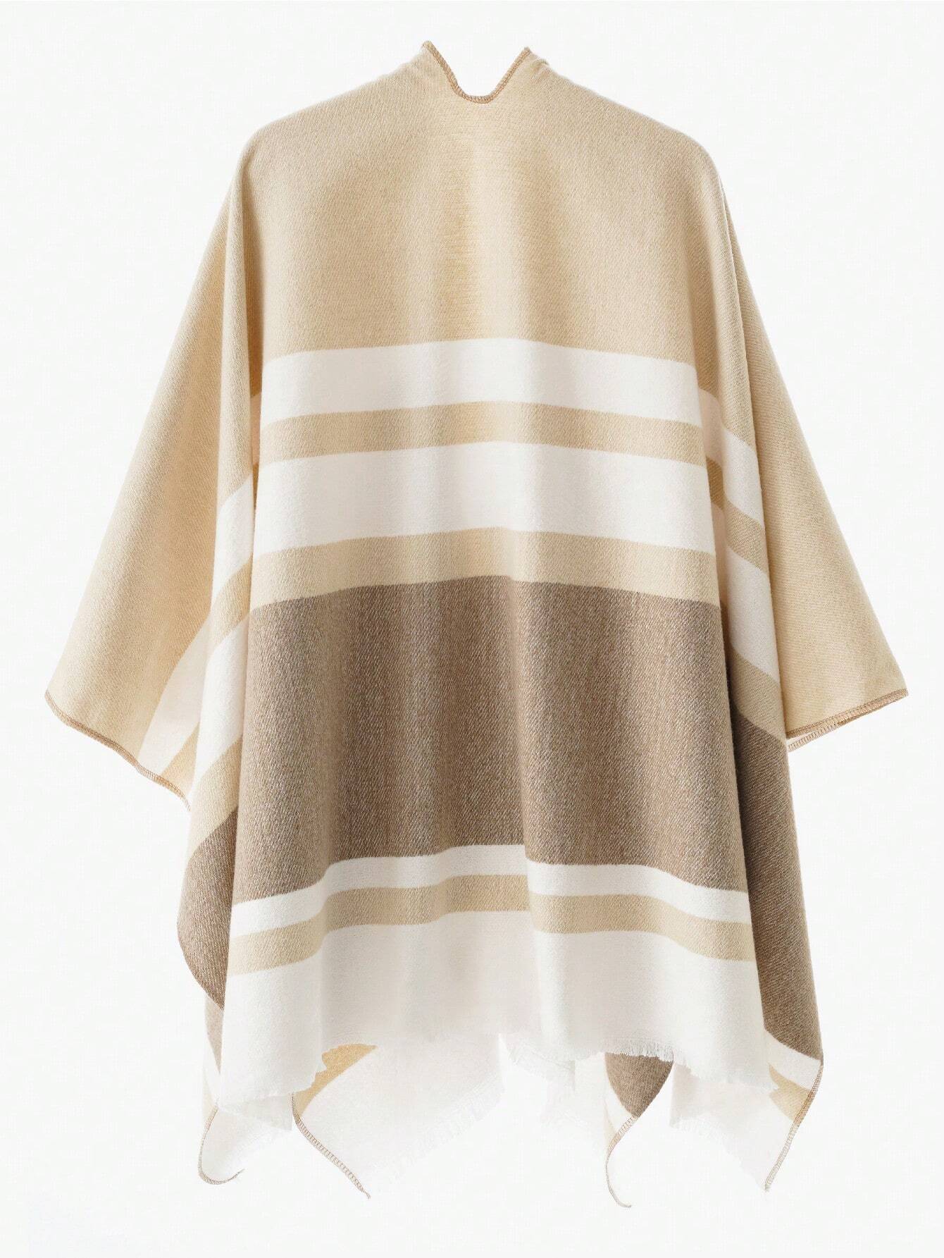 1pc Women Shawl Classic Striped Colorblock Pattern Windproof Buckle Shawl Coat