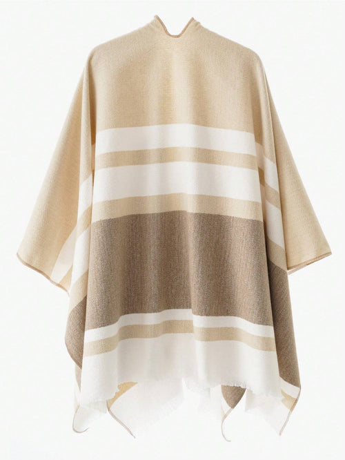 1pc Women Shawl Classic Striped Colorblock Pattern Windproof Buckle Shawl Coat Shein