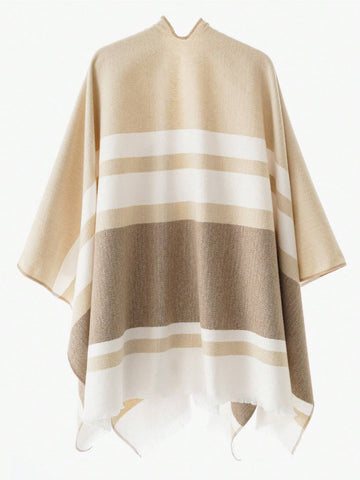 1pc Women Shawl Classic Striped Colorblock Pattern Windproof Buckle Shawl Coat