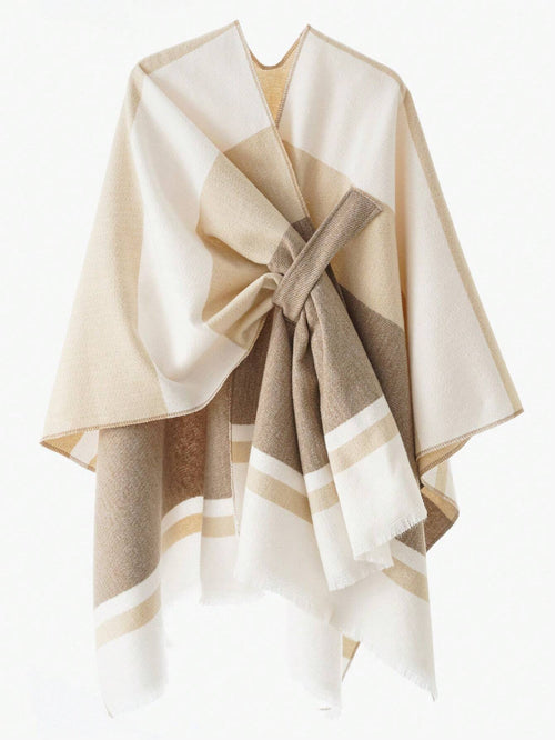 1pc Women Shawl Classic Striped Colorblock Pattern Windproof Buckle Shawl Coat Shein