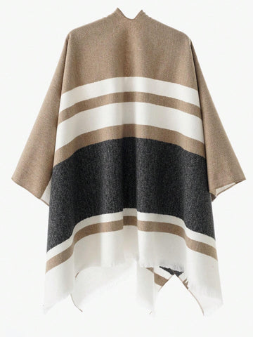 1pc Women Shawl Classic Striped Colorblock Pattern Windproof Buckle Shawl Coat