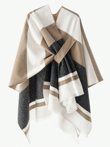 1pc Women Shawl Classic Striped Colorblock Pattern Windproof Buckle Shawl Coat