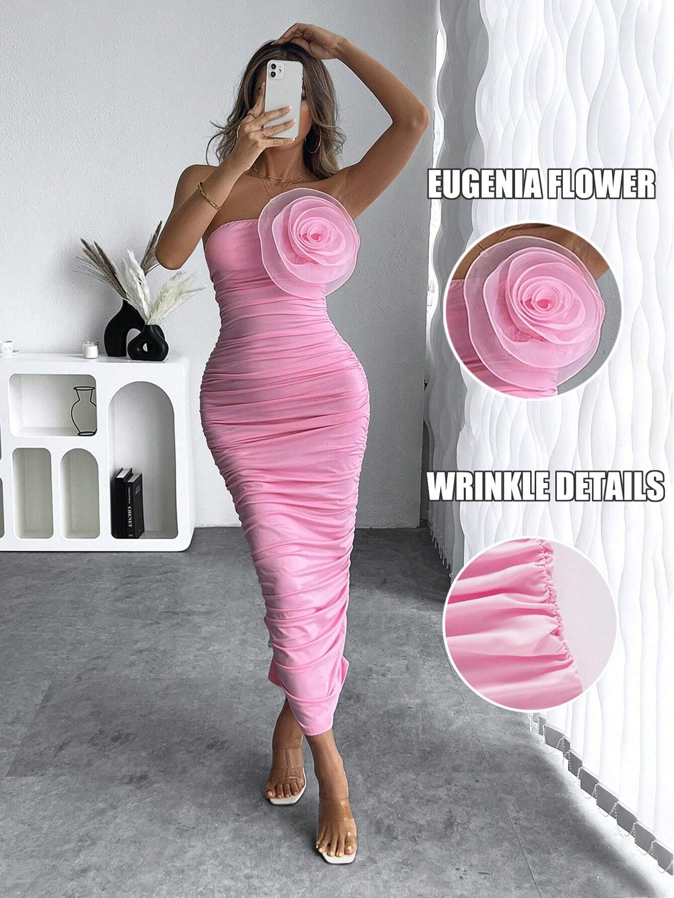 Privé Summer Elegant Solid Color 3D Flower Pleated Bodycon Tube Dress shein