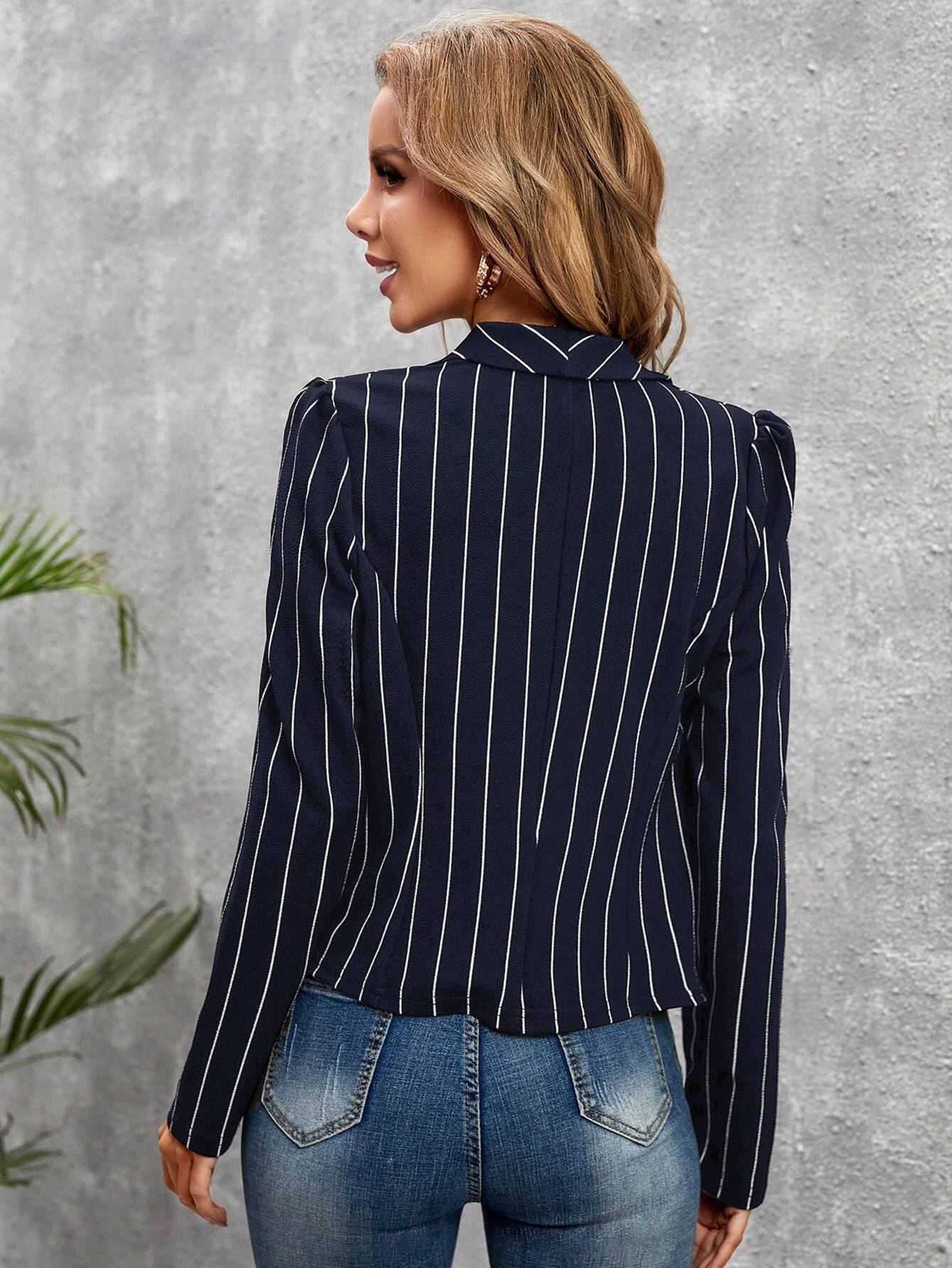 Clasi Striped Shawl Collar Open Front Blazer shein