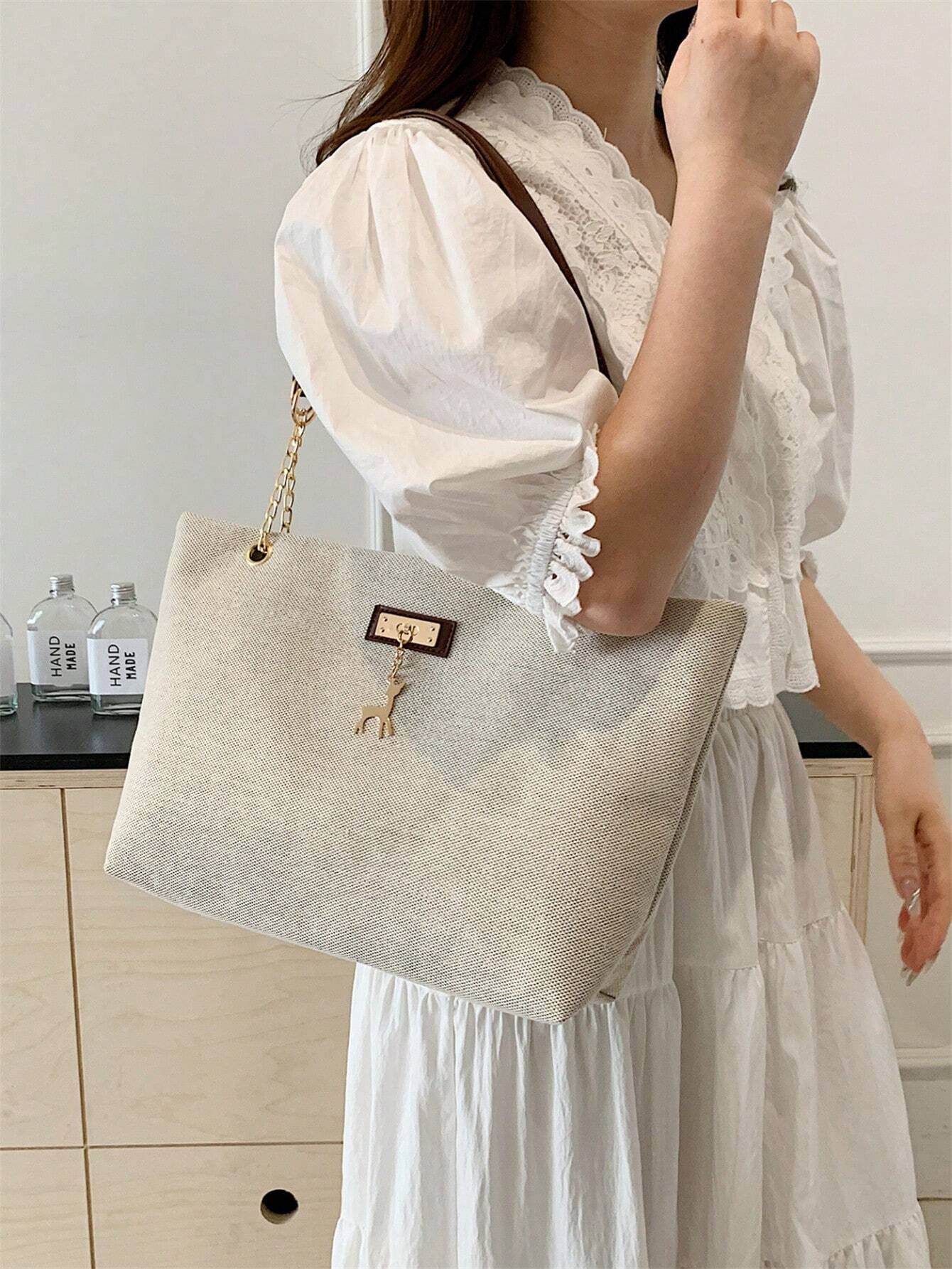 1pc Polyester Deer Decoration Large Capacity Zipper Closure Fashion Shoulder Tote Bag shein