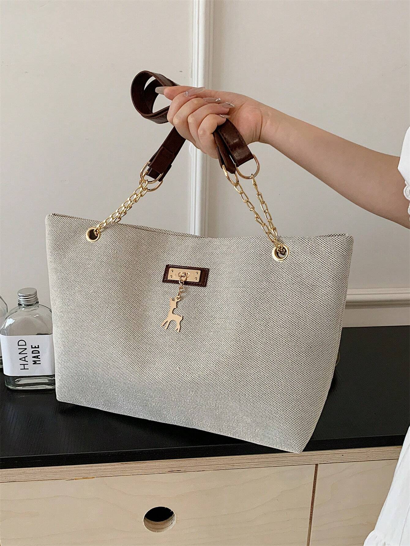 1pc Polyester Deer Decoration Large Capacity Zipper Closure Fashion Shoulder Tote Bag shein