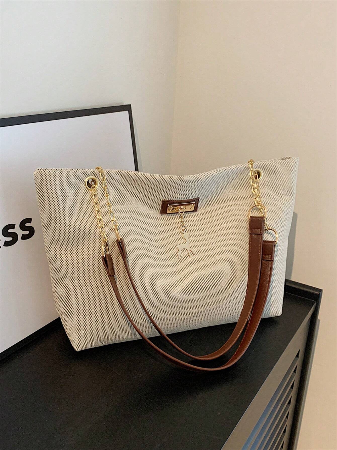 1pc Polyester Deer Decoration Large Capacity Zipper Closure Fashion Shoulder Tote Bag shein