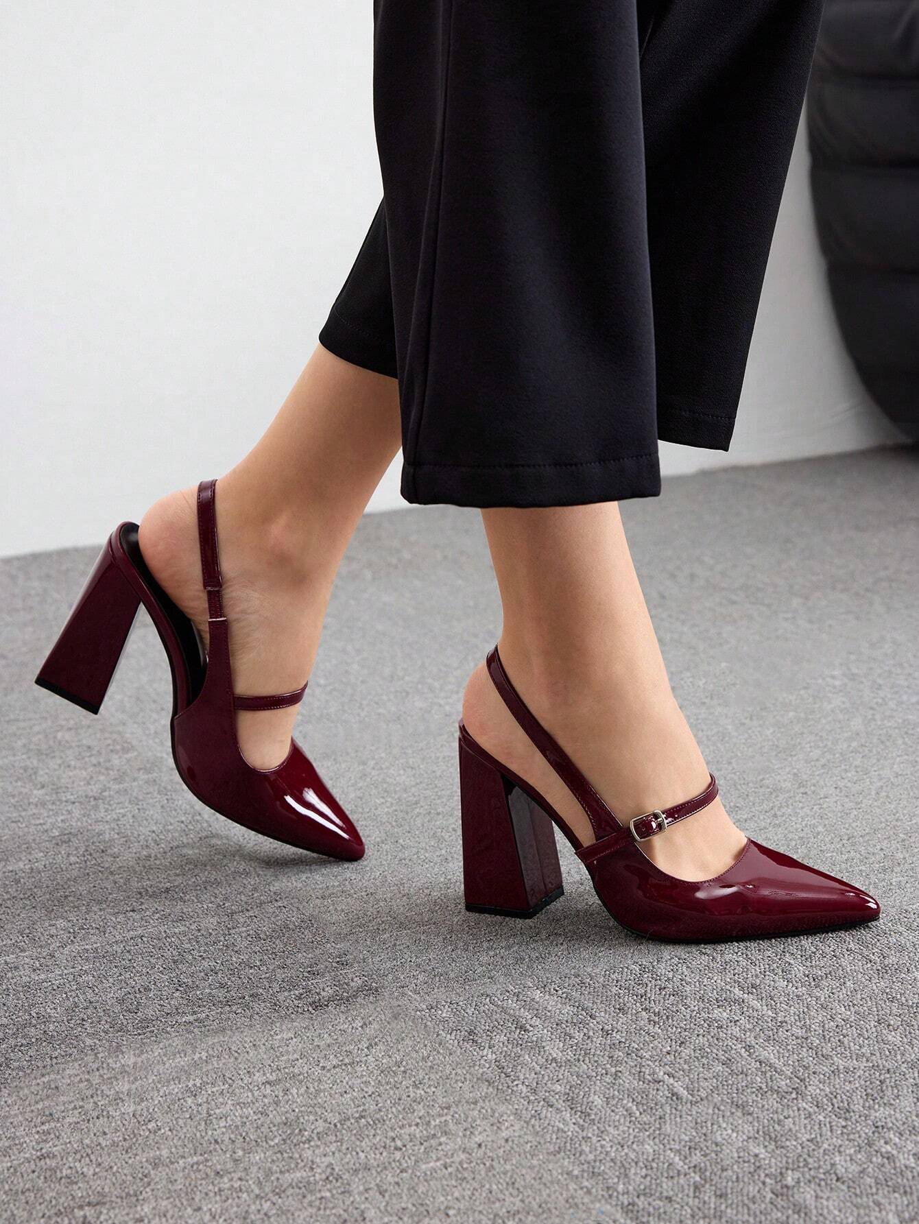 BIZCHIC Woman Shoes Chunky Heel Pointed Toe Ankle Strap Shoes shein