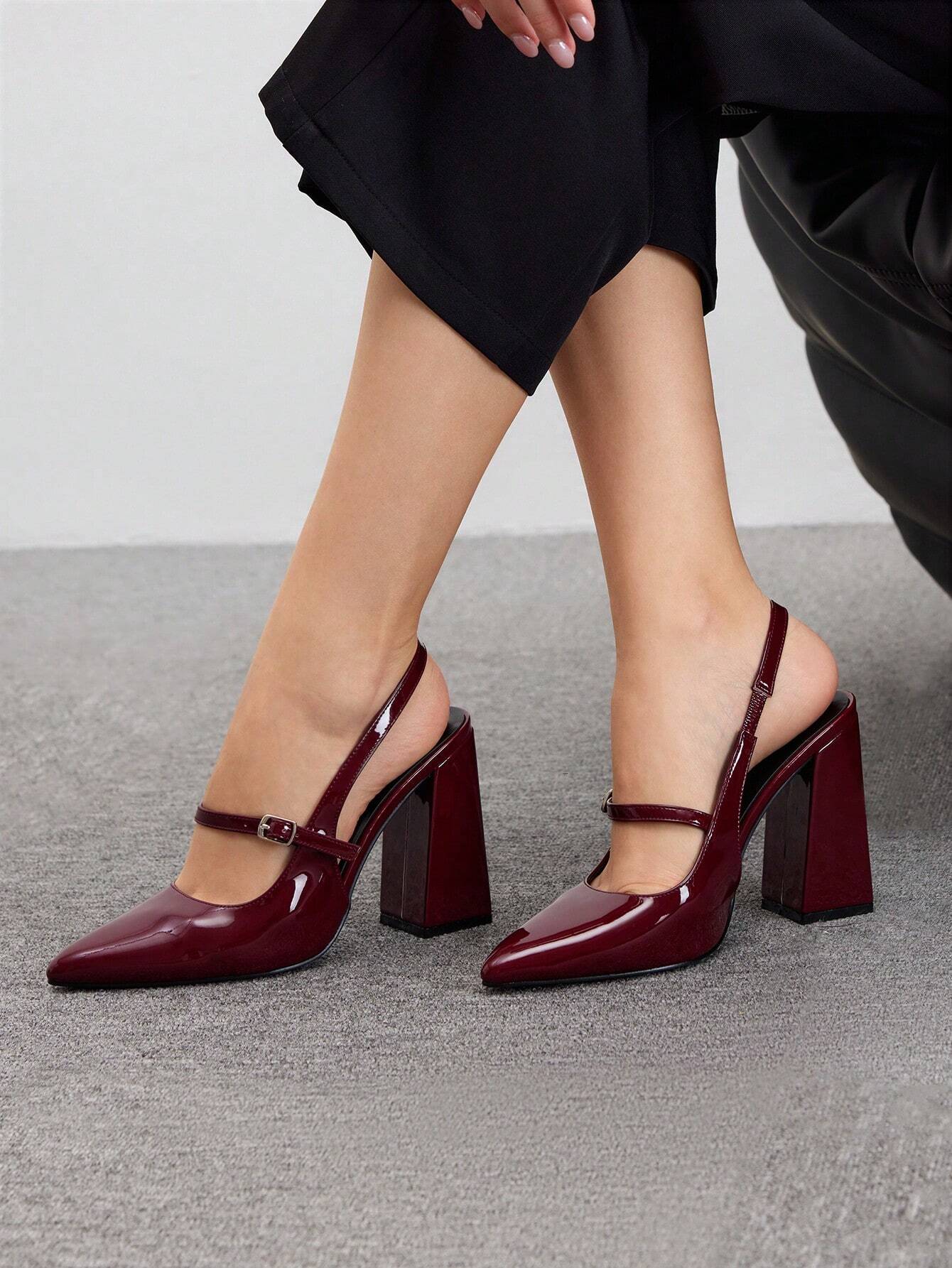BIZCHIC Woman Shoes Chunky Heel Pointed Toe Ankle Strap Shoes shein