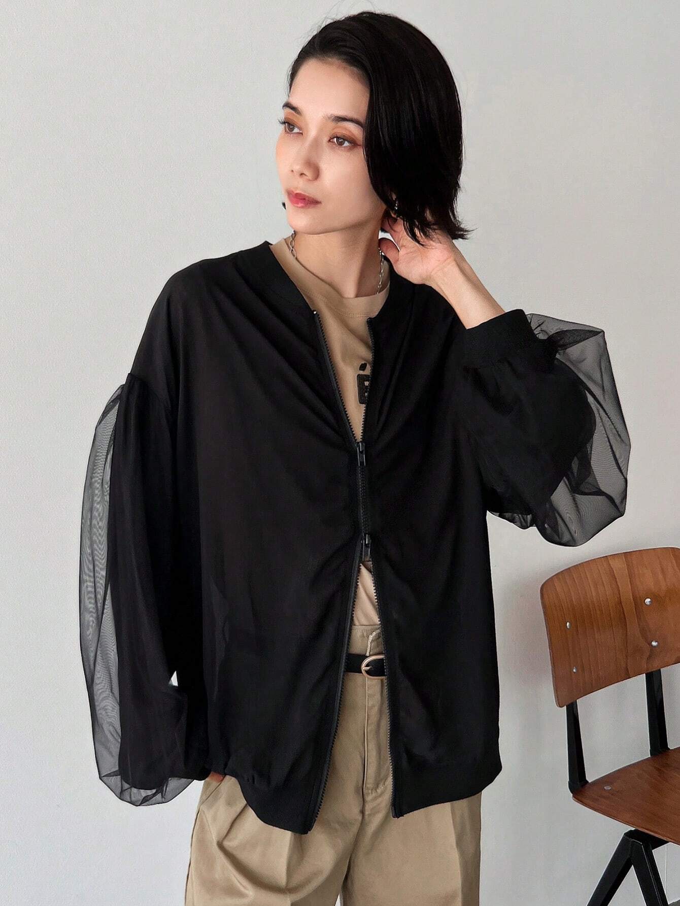 FRIFUL Women's Spring And Autumn Casual Solid Color Mesh Patchwork Lantern Sleeve Jacket shein