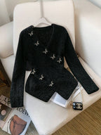 Raffinéa Women's V-Neck Long Sleeve Butterfly Embroidery Pullover Sweater shein