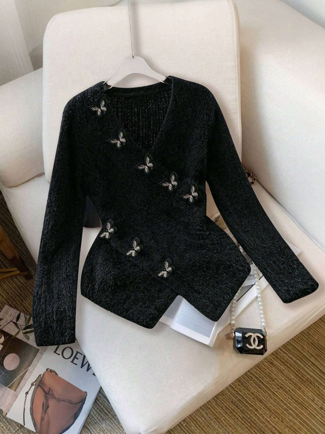 Raffinéa Women's V-Neck Long Sleeve Butterfly Embroidery Pullover Sweater shein