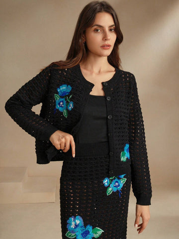 Anewsta Spring & Autumn Handmade Floral Embroidered Hollow Out Knitted Cardigan shein