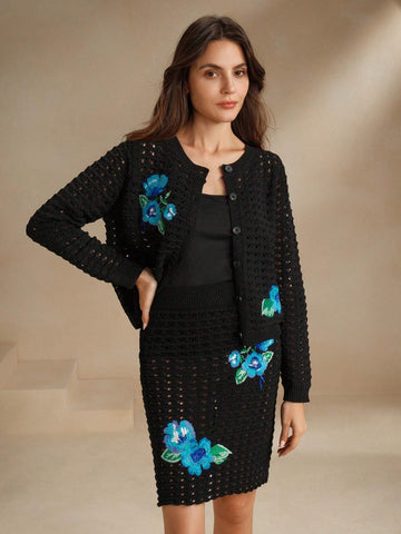 Anewsta Spring & Autumn Handmade Floral Embroidered Hollow Out Knitted Cardigan shein