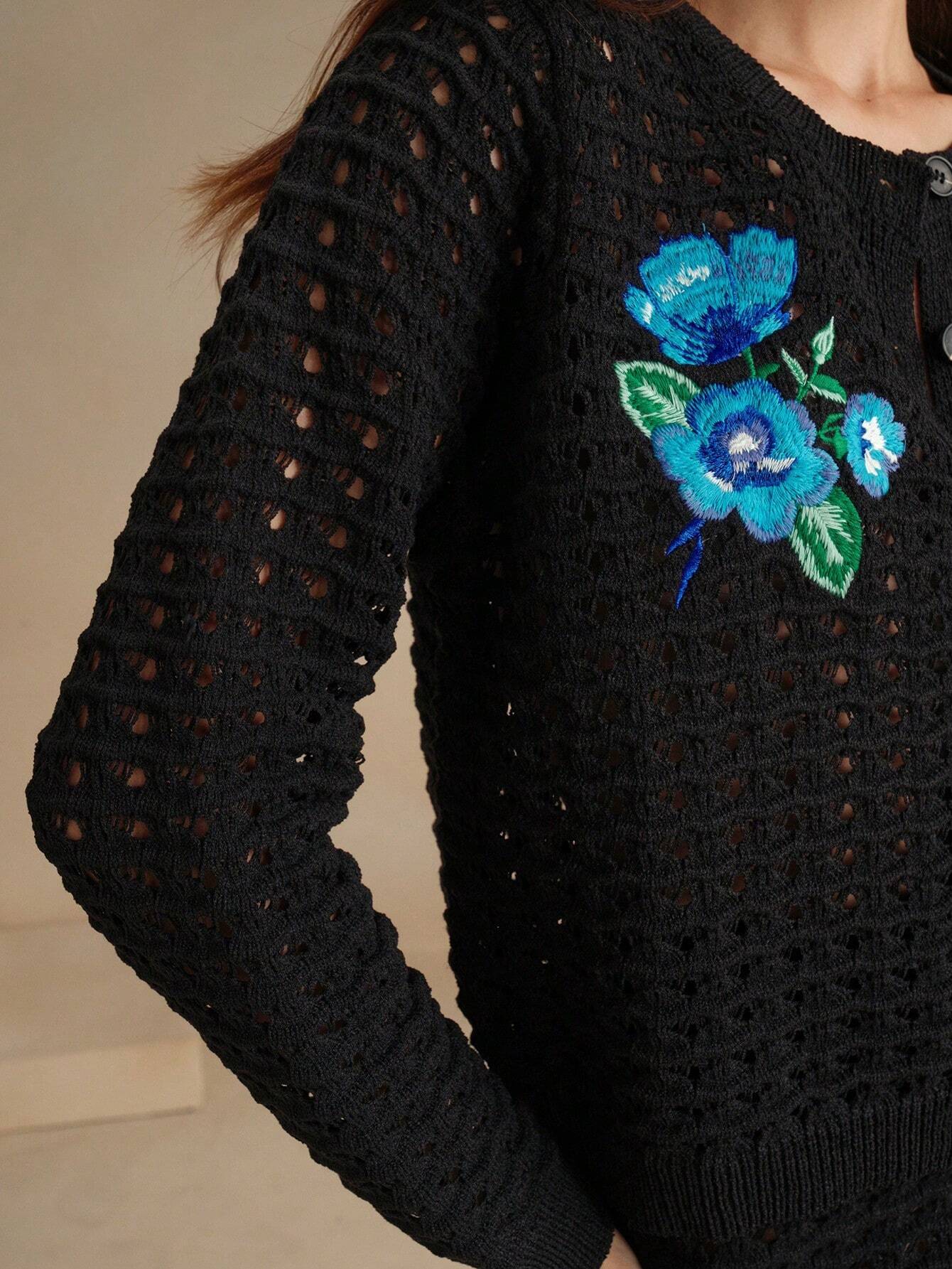 Anewsta Spring & Autumn Handmade Floral Embroidered Hollow Out Knitted Cardigan shein