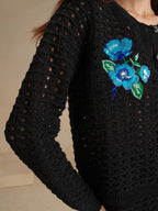 Anewsta Spring & Autumn Handmade Floral Embroidered Hollow Out Knitted Cardigan shein