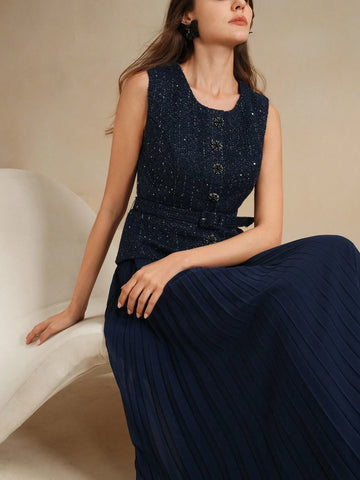Anewsta Women Contrast Chiffon Pleated Long Dress
