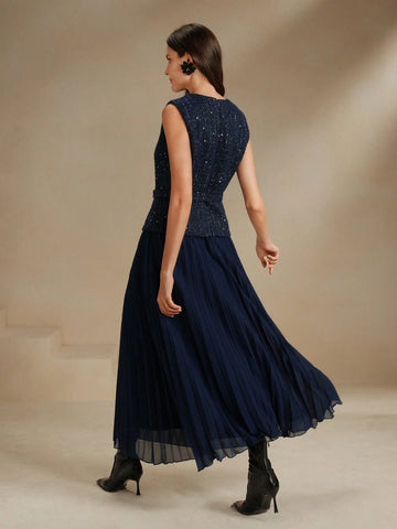 Anewsta Women Contrast Chiffon Pleated Long Dress