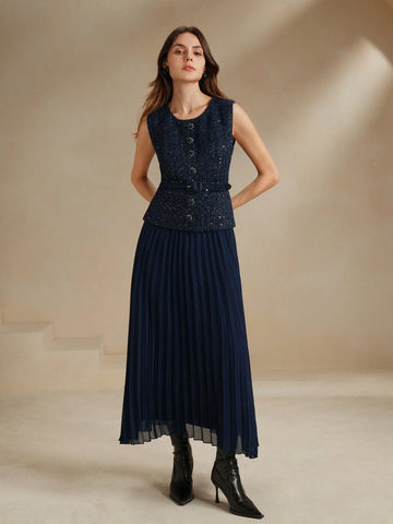 Anewsta Women Contrast Chiffon Pleated Long Dress