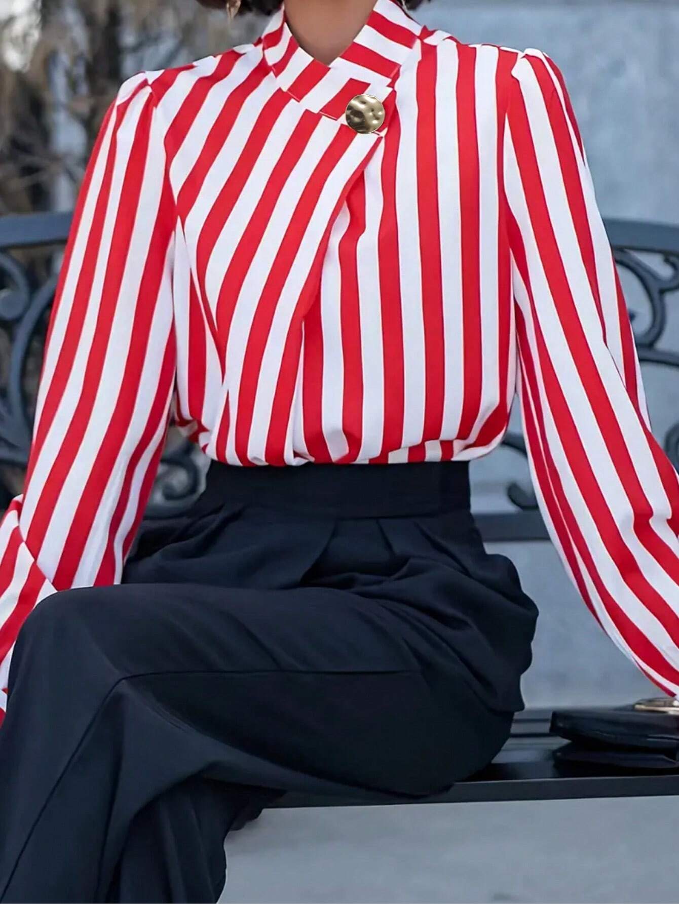 Striped Print Mock Neck Blouse shein