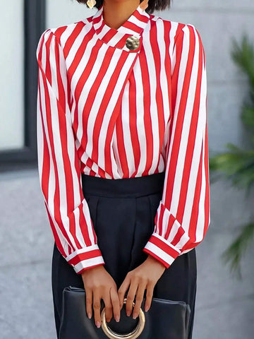 Striped Print Mock Neck Blouse