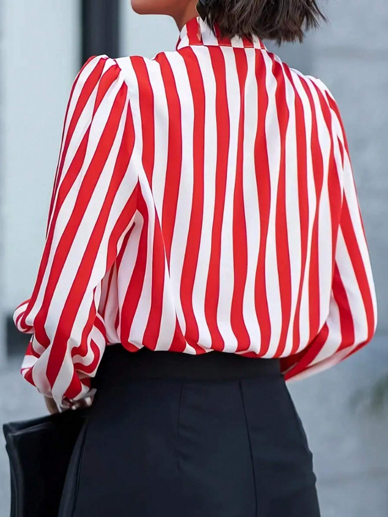 Striped Print Mock Neck Blouse shein