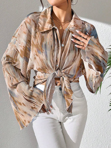 LUNE Women's Random Floral Print Bell Sleeve Blouse