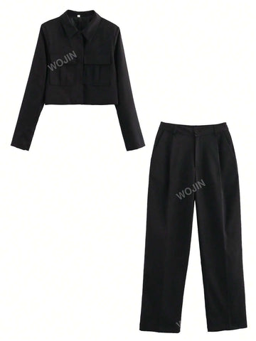 Women Simple Short Jacket And Casual Long Pants Set shein