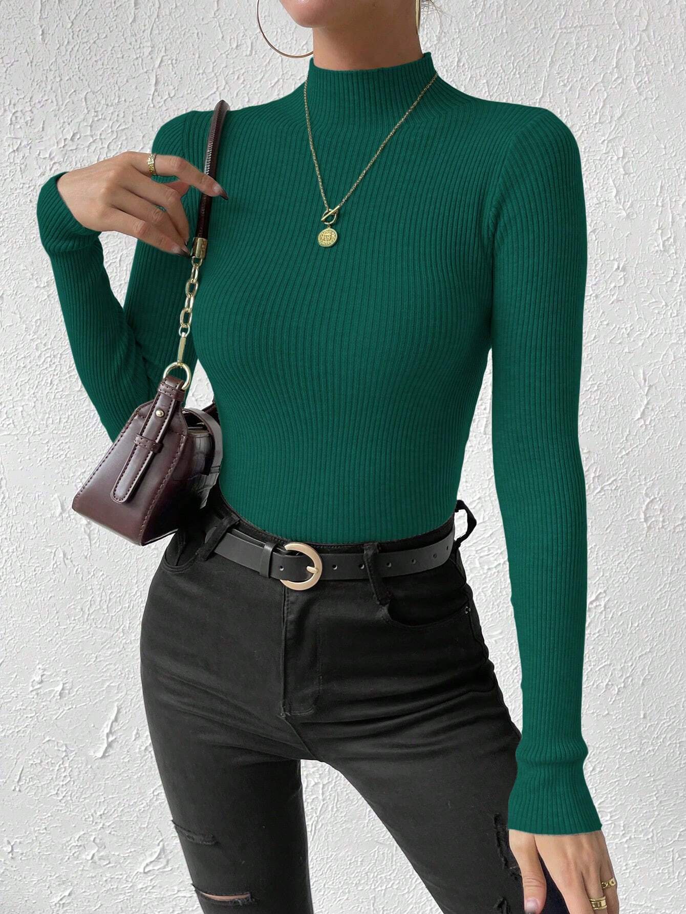 Essnce Mock Neck Ribbed Knit Sweater shein