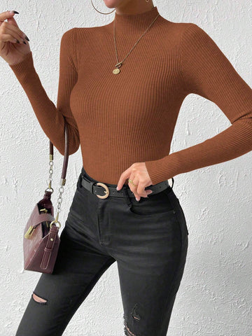 Essnce Mock Neck Ribbed Knit Sweater shein